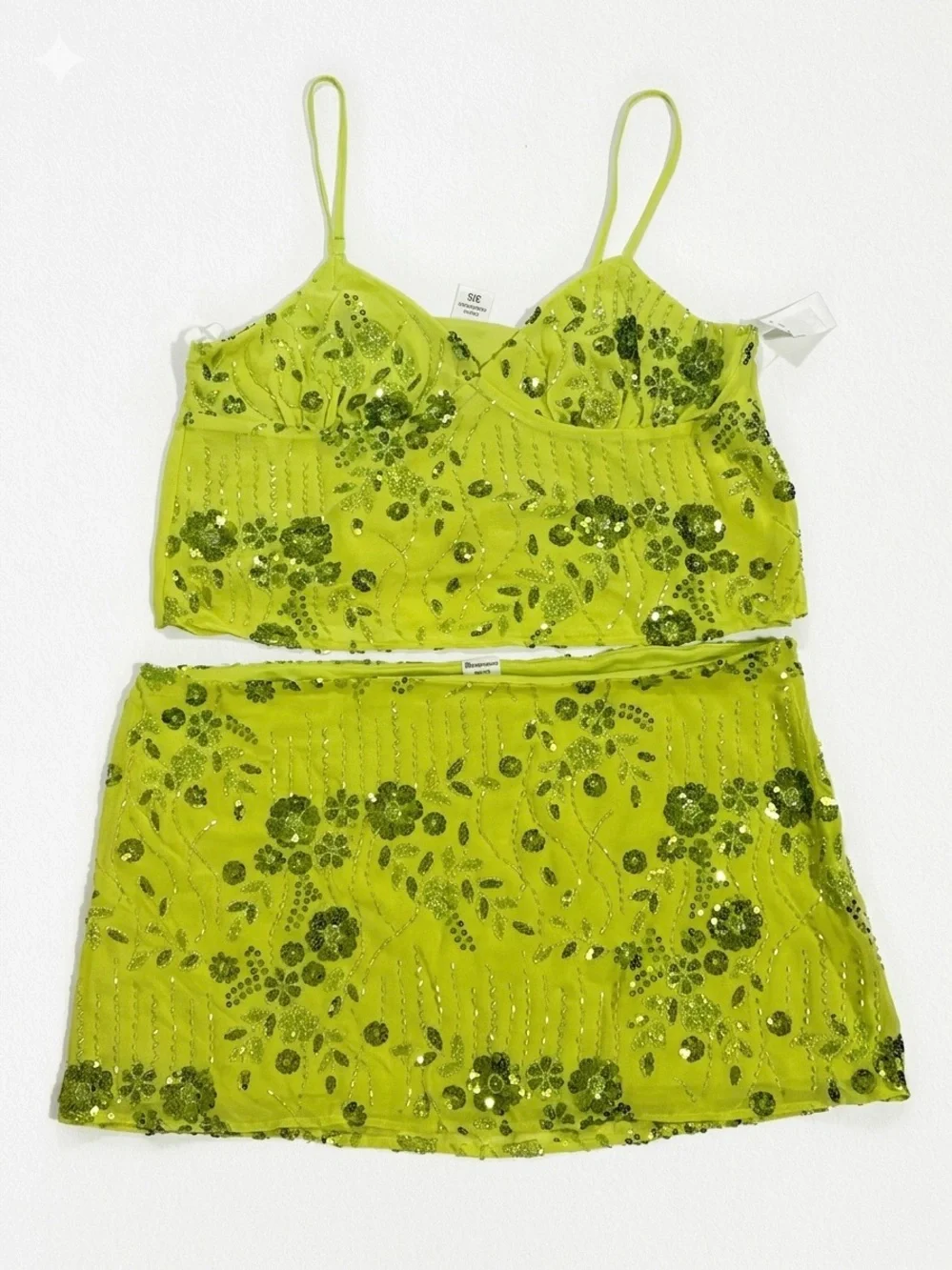 No Boundaries Lime Green Sequin Floral Crop Top & Mini Skirt Set
